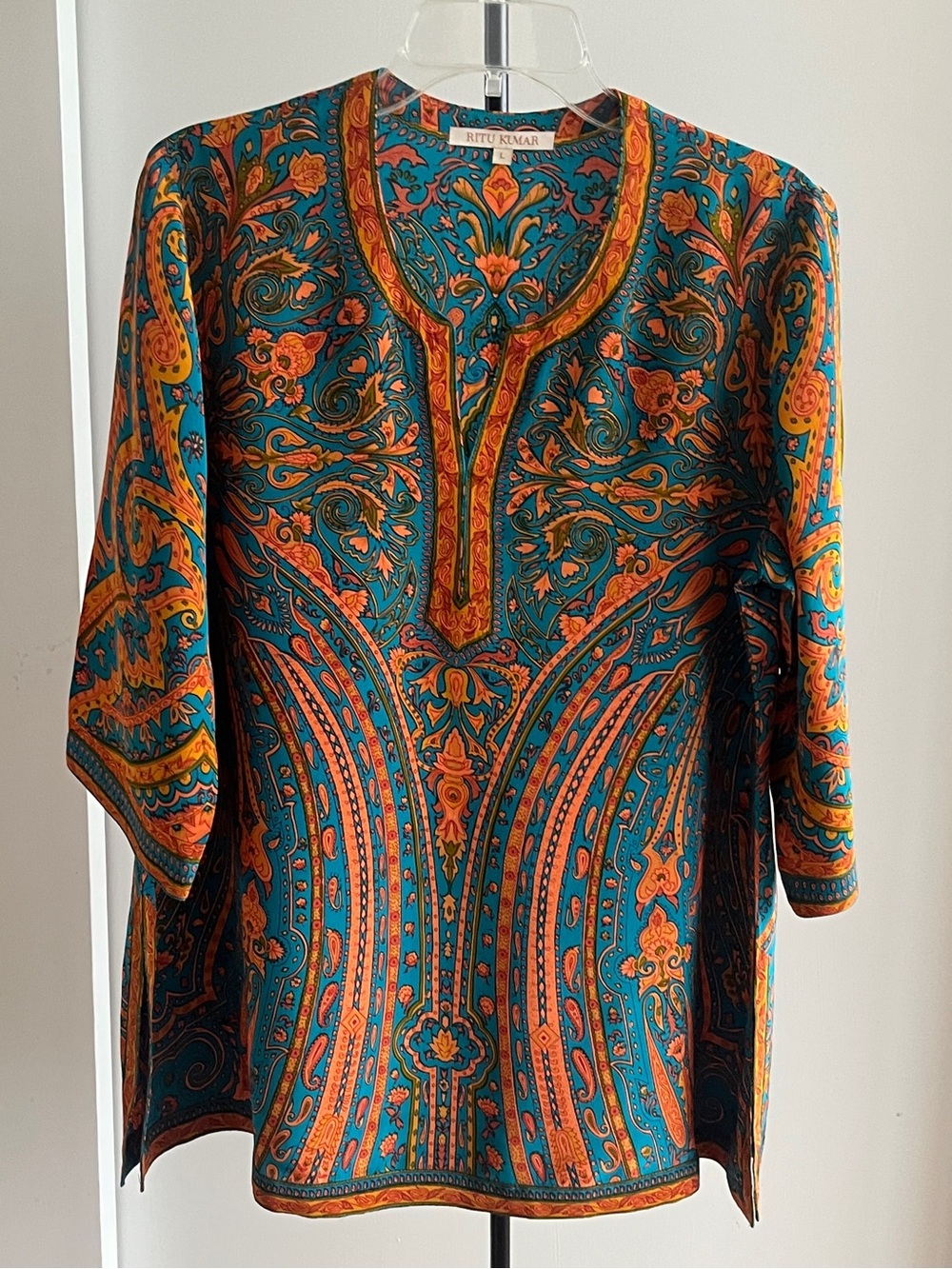 RITU KUMAR Designer 100% Silk Floral Turquoise & Orange 🍊 Kurta Tunic Royal 🫅 L